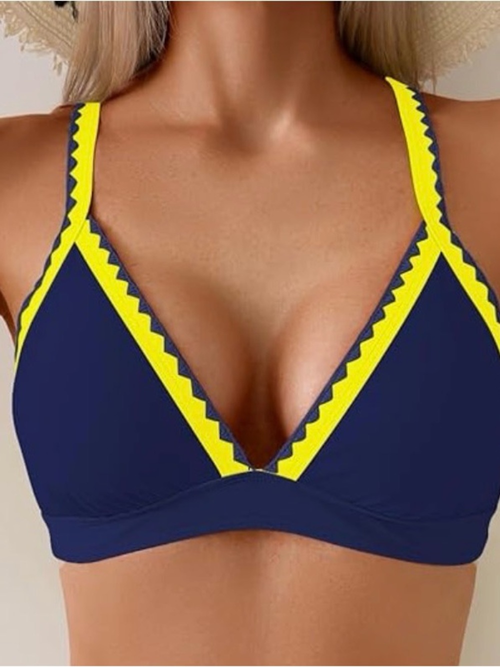 Navy and Yellow V-Neck Bikini Top